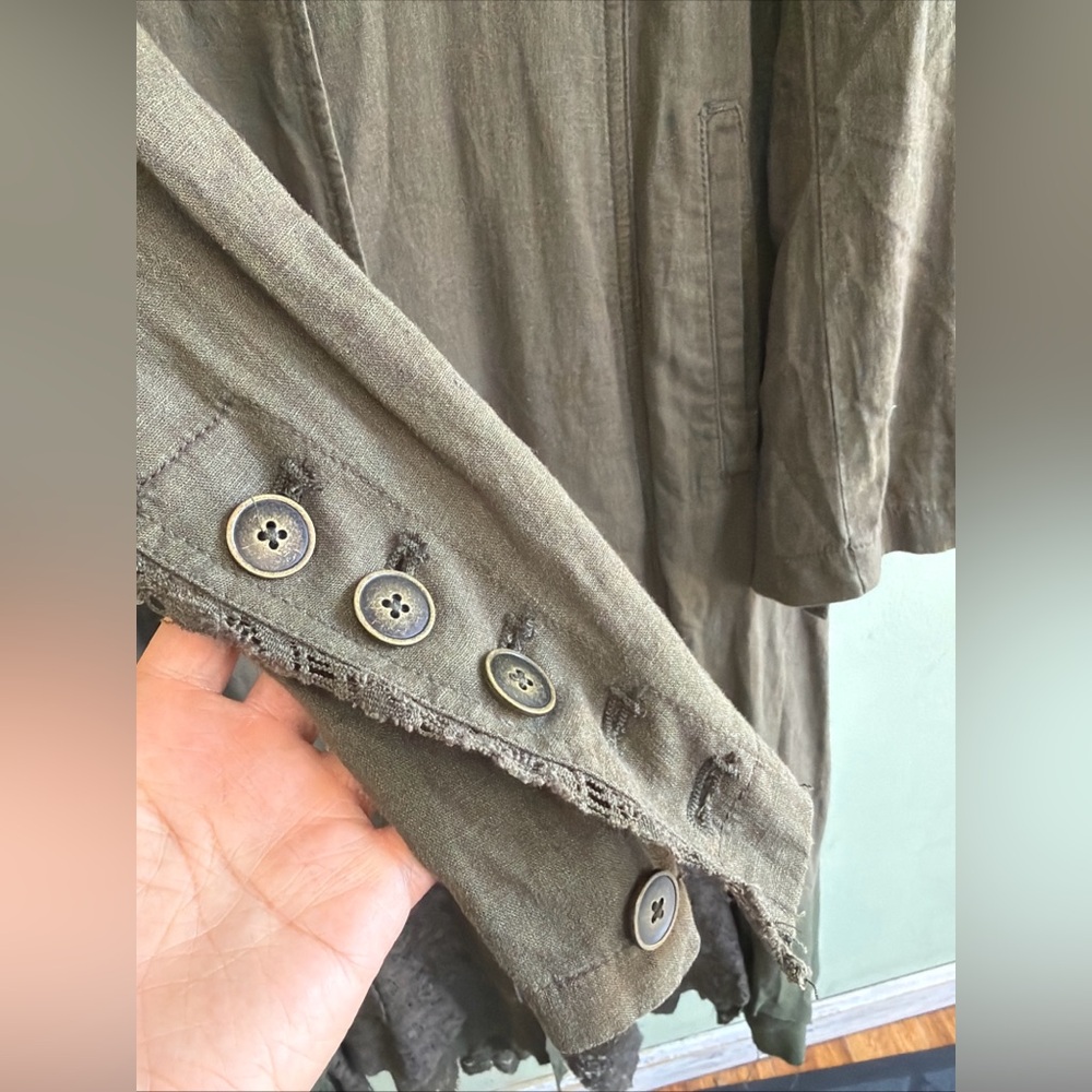 Vintage Free People Linen Maxi Jacket Duster Laced Up Back Lace Hem L - Picture 8 of 10